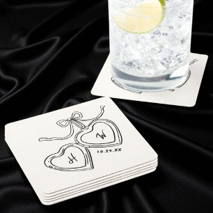 Posavasos Cuadrado De Papel Monograma del Boda cardiaco