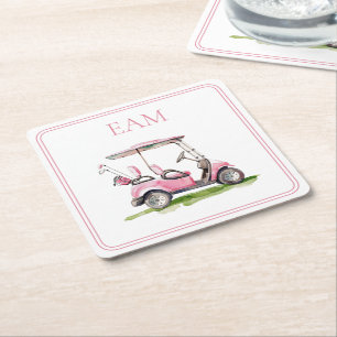 Posavasos Cuadrado De Papel Monograma del carrito de golf rosa preppy