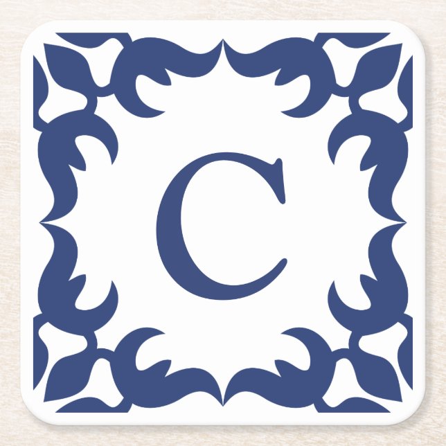 Posavasos Cuadrado De Papel Monograma del marco de desplazamiento azul y blanc (Anverso)