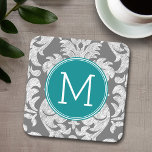Posavasos Cuadrado De Papel Monograma del modelo de Damasco gris y Verde azula<br><div class="desc">Añada sus monogramas a estas damascas florales de moda y femeninas con colores populares. El damasco tiene un aspecto de pizarra.</div>
