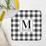 Posavasos Cuadrado De Papel Monograma del nombre de familia de la marca de búf<br><div class="desc">Máscaras de papel monograma diseñadas por el personalizado con monograma personalizado y nombre familiar en un patrón de comprobación de búfalo negro y blanco,  plaid/gingham.</div>