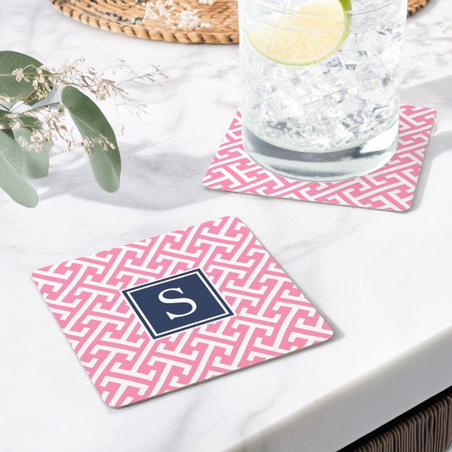 Posavasos Cuadrado De Papel Monograma del patrón de adormidera rosado y naval (Subido por el creador)