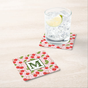 Posavasos Cuadrado De Papel Monograma del patrón de cerezas moderno