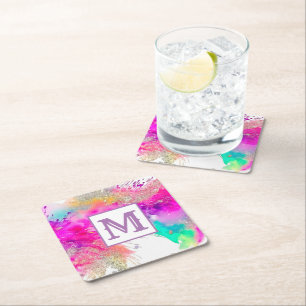 Posavasos Cuadrado De Papel Monograma del Purpurina de la pintura moderna