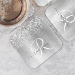 Posavasos Cuadrado De Papel Monograma del Purpurina Metalizado cepillado de pl<br><div class="desc">Personalice fácilmente este diseño de montaña rusa de papel de moda de moda con un purpurina brillante de bonito plateado sobre un fondo metálico cepillado de plata.</div>