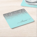 Posavasos Cuadrado De Papel Monograma del Purpurina plateado Verde azulado azu<br><div class="desc">Aqua Blue - Purpurina de espuma Verde azulada y plateada Guión Monograma Nombre Papel Adulto. Esto hace que la graduación perfecta, el cumpleaños, el boda, la ducha de novia, el aniversario, la ducha de bebé o la fiesta de soltera sea un regalo para alguien que ama el lujo glam y...</div>