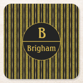 Posavasos Cuadrado De Papel Monograma dividido de bandas negras y doradas