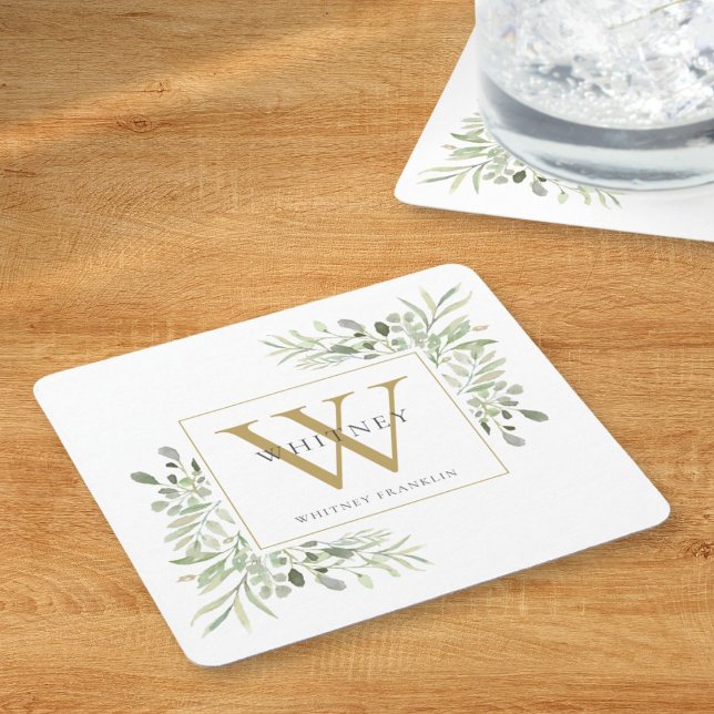 Posavasos Cuadrado De Papel Monograma Dorado Elegante Moderno Floral Verde (Gold Monogram Elegant Modern Greenery Floral Square Paper Coaster)