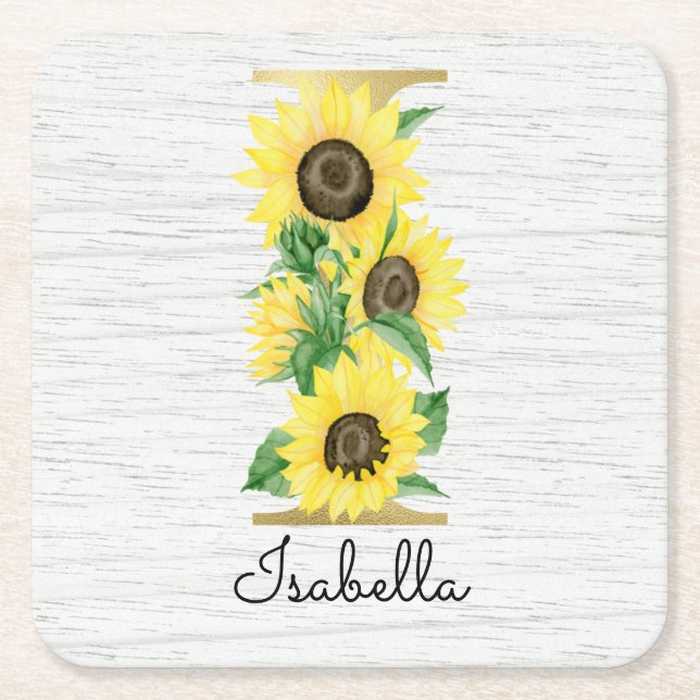 Posavasos Cuadrado De Papel Monograma Dorado Girasol Giro Floral Inicial I (Anverso)