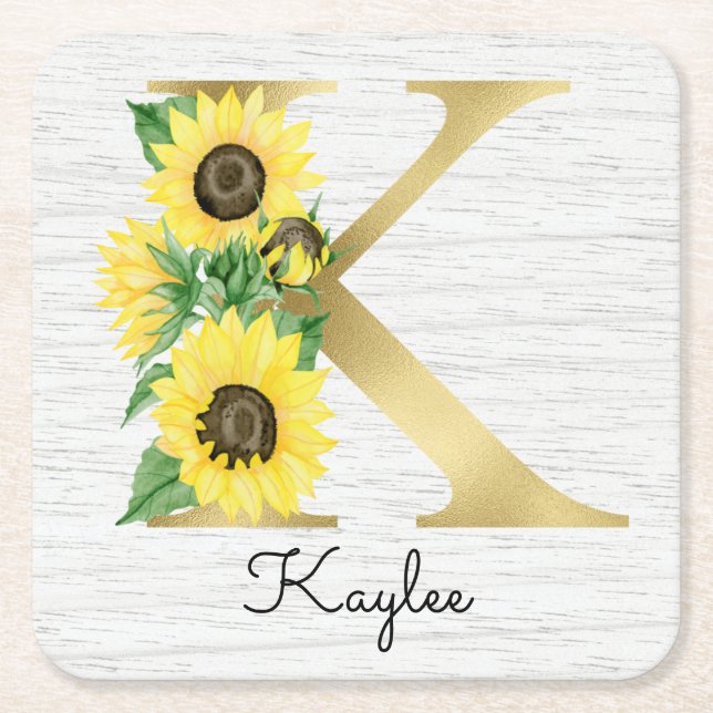 Posavasos Cuadrado De Papel Monograma Dorado Girasol Giro Floral Inicial K (Anverso)