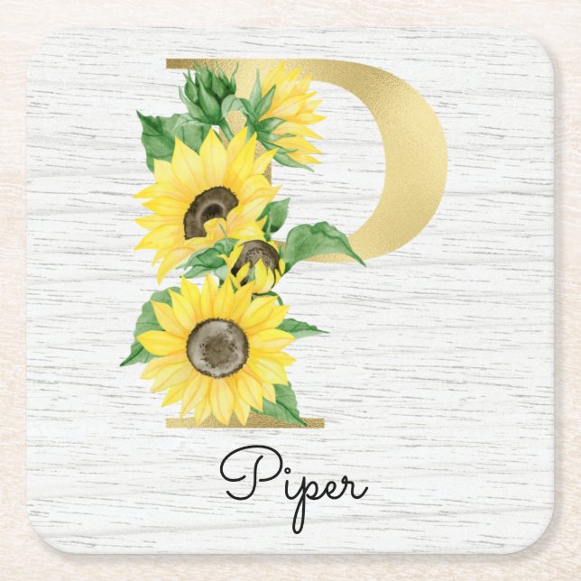 Posavasos Cuadrado De Papel Monograma Dorado Girasol Giro Floral Inicial P (Anverso)
