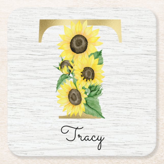 Posavasos Cuadrado De Papel Monograma Dorado Girasol Giro Floral Inicial T (Anverso)