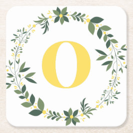 Posavasos Cuadrado De Papel Monograma en O en dorado/limón con un anillo flora