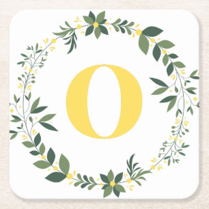 Posavasos Cuadrado De Papel Monograma en O en dorado/limón con un anillo flora