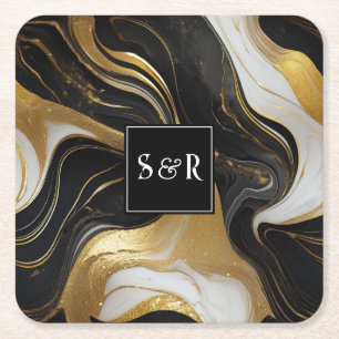 Posavasos Cuadrado De Papel Monograma Faux Gold, Black & White Marble Boda