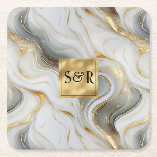 Posavasos Cuadrado De Papel Monograma Faux Gold, Gray & White Marble Boda