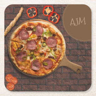 Posavasos Cuadrado De Papel Monograma Fiesta de pizza suprema