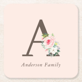 Posavasos Cuadrado De Papel Monograma floral de acuarela rosa