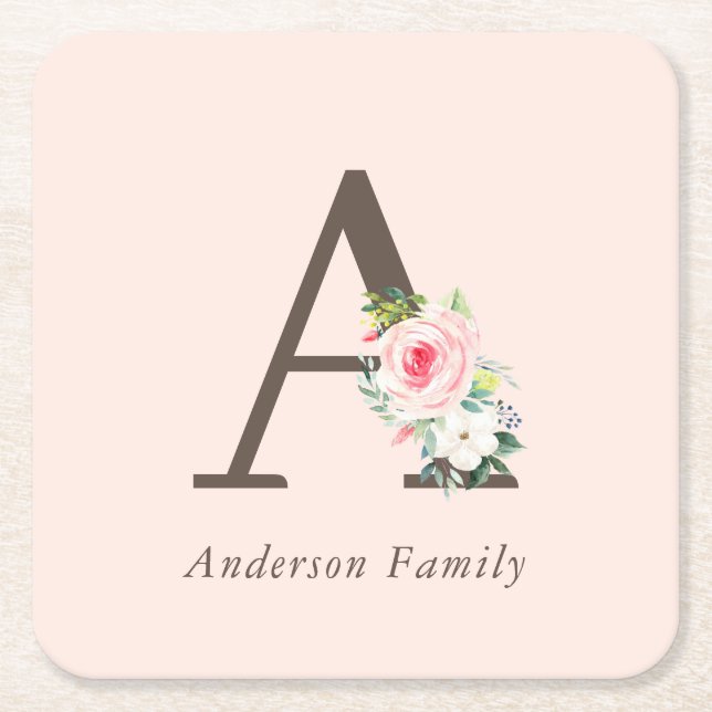 Posavasos Cuadrado De Papel Monograma floral de acuarela rosa (Anverso)