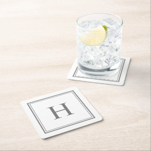Posavasos Cuadrado De Papel Monograma gris clásico simple en blanco