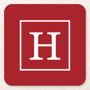 Posavasos Cuadrado De Papel Monograma inicial con marco de color rojo de aránd