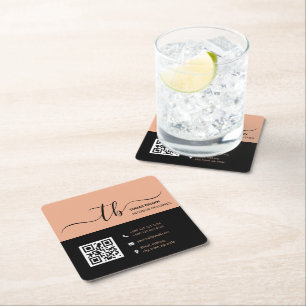 Posavasos Cuadrado De Papel Monograma inicial simple Engranaje y negro