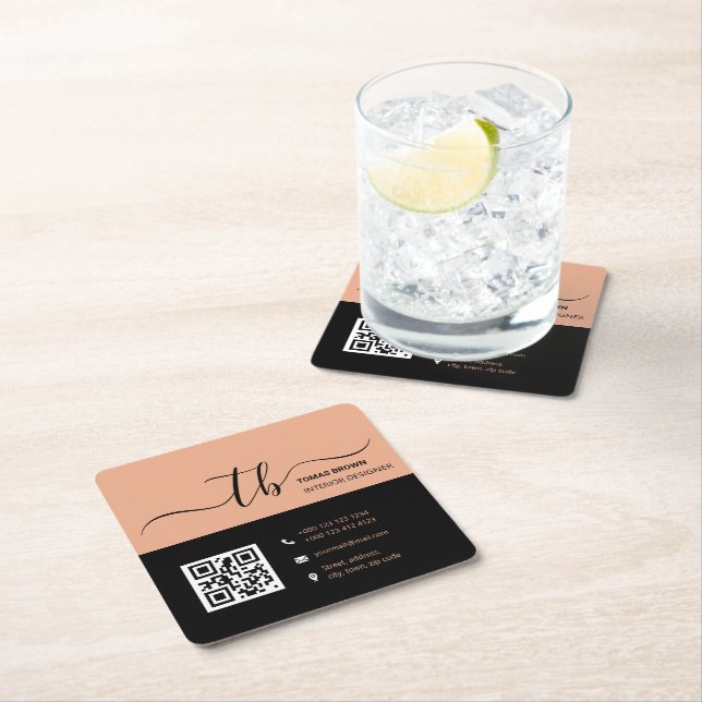 Posavasos Cuadrado De Papel Monograma inicial simple | Engranaje y negro (In situ)