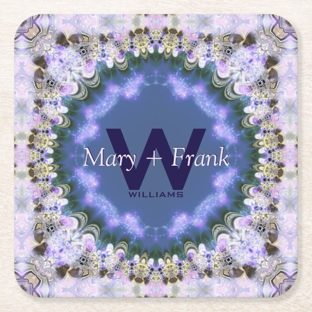 Posavasos Cuadrado De Papel Monograma Lilac Fractal Purple Monograma Papel (Anverso)