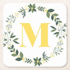 Posavasos Cuadrado De Papel Monograma M en oro/limón con anillo floral