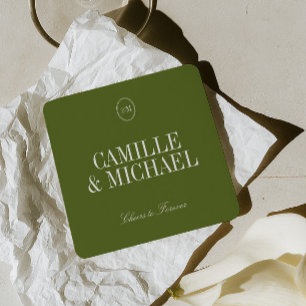 Posavasos Cuadrado De Papel Monograma minimalista de boda en verde oliva