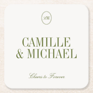 Posavasos Cuadrado De Papel Monograma minimalista de boda en verde oliva