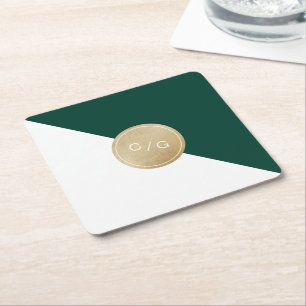 Posavasos Cuadrado De Papel Monograma minimalista moderno de boda verde esmera