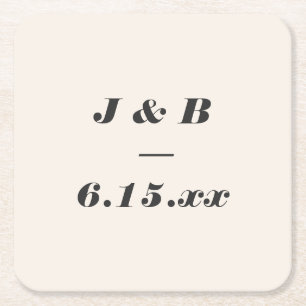 Posavasos Cuadrado De Papel Monograma minimalista negro y marfil para boda per