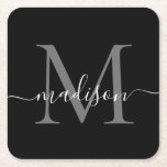 Posavasos Cuadrado De Papel Monograma moderno Clásico de Guión Gris Negro Nomb<br><div class="desc">Elegante Moderno Personalizado Color Plata Gris Gris Monograma Nombre Papel Refrigerador Inicial</div>
