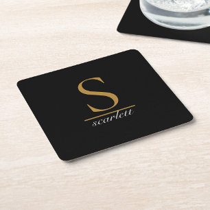 Posavasos Cuadrado De Papel Monograma moderno Classic Black Gold Script Name
