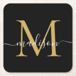 Posavasos Cuadrado De Papel Monograma moderno Classic Black Gold Script Name<br><div class="desc">Elegante Moderno Personalizado Black Gold Monograma Nombre de la bandeja de papel inicial</div>