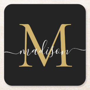 Posavasos Cuadrado De Papel Monograma moderno Classic Black Gold Script Name