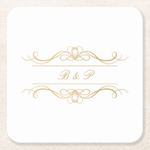 Posavasos Cuadrado De Papel Monograma Moderno Elegante Boda De Swirl Gold