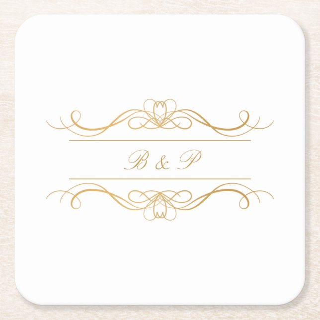 Posavasos Cuadrado De Papel Monograma Moderno Elegante Boda De Swirl Gold (Anverso)