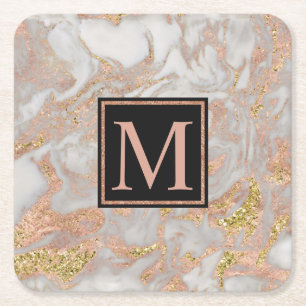 Posavasos Cuadrado De Papel Monograma moderno Faux Rosa Gold Marble Swirl