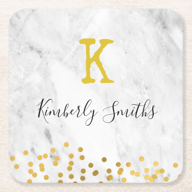 Posavasos Cuadrado De Papel Monograma Oro puntos en Mármol (Anverso)