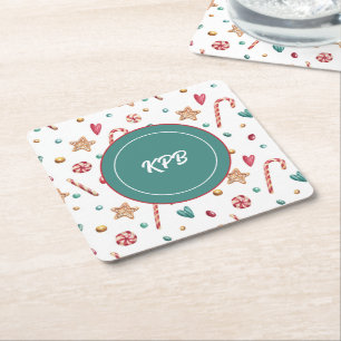 Posavasos Cuadrado De Papel Monograma Patrón de dulces de caramelo Cuadrado de