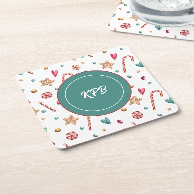 Posavasos Cuadrado De Papel Monograma Patrón de dulces de caramelo Cuadrado de (En perspectiva)