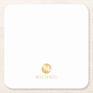 Posavasos Cuadrado De Papel Monograma personalizado de lujo blanco y oro