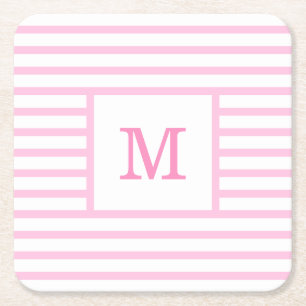 Posavasos Cuadrado De Papel Monograma Personalizado de tiras rosadas y blancas