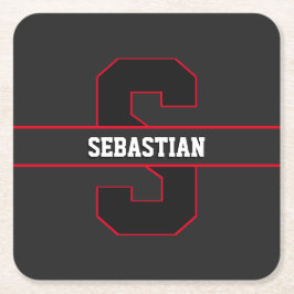 Posavasos Cuadrado De Papel Monograma Personalizado Moderno Negro Rojo Blanco