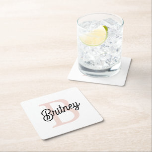 Posavasos Cuadrado De Papel Monograma personalizado moderno y nombre Pastel ro