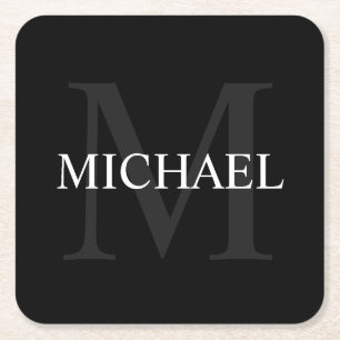 Posavasos Cuadrado De Papel Monograma personalizado y nombre negro