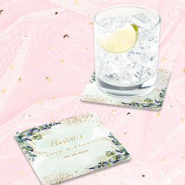 Posavasos Cuadrado De Papel Monograma purpurina de eucalipto de cumpleaños