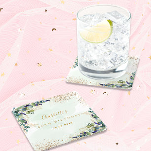 Posavasos Cuadrado De Papel Monograma purpurina de eucalipto de cumpleaños